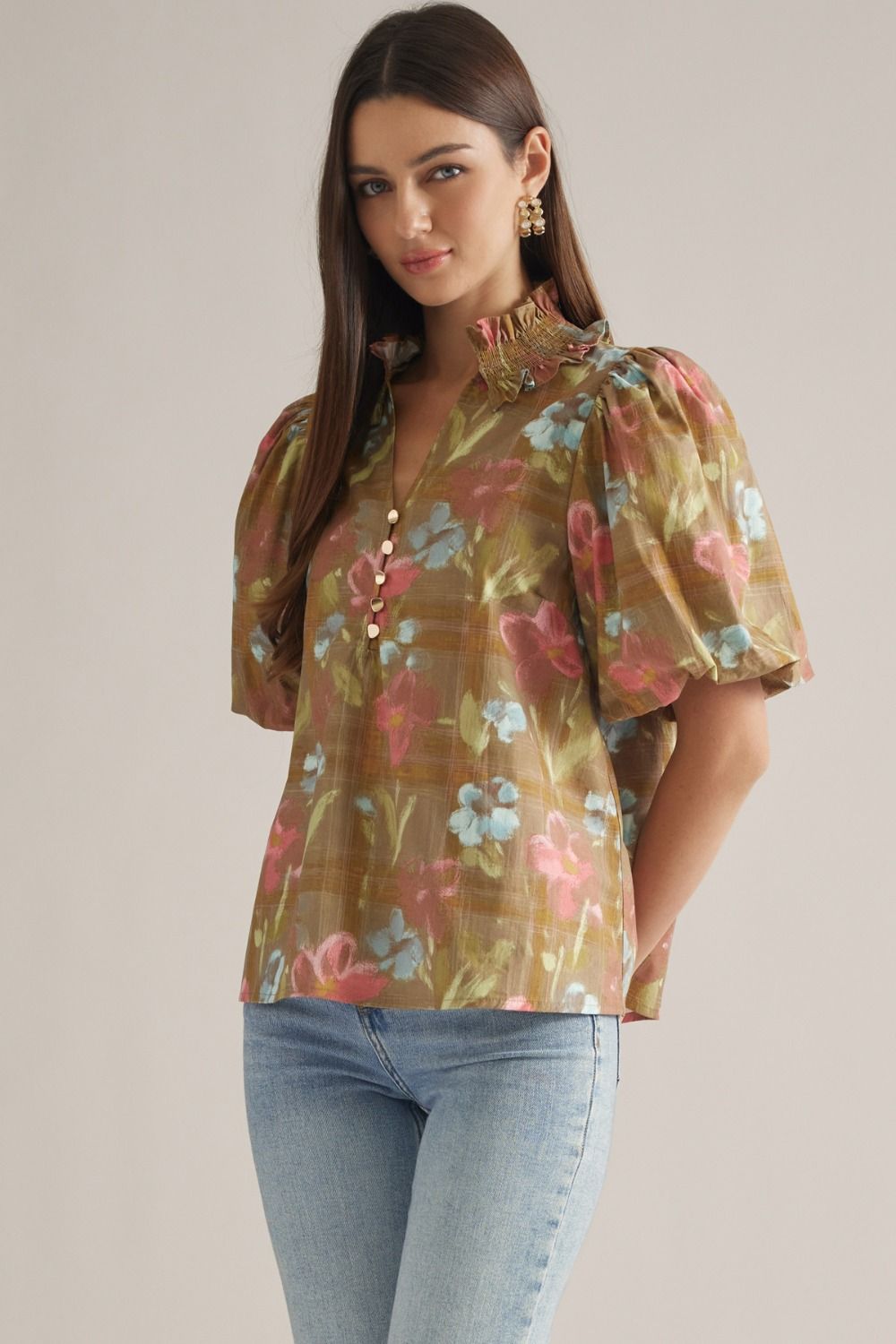 Floral (100% Cotton) Ruffled Neck Puff Sleeve Top