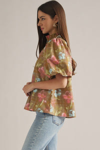 Floral (100% Cotton) Ruffled Neck Puff Sleeve Top