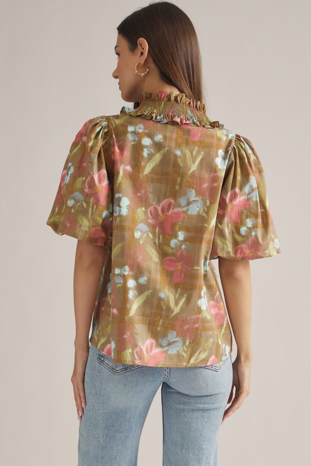 Floral (100% Cotton) Ruffled Neck Puff Sleeve Top
