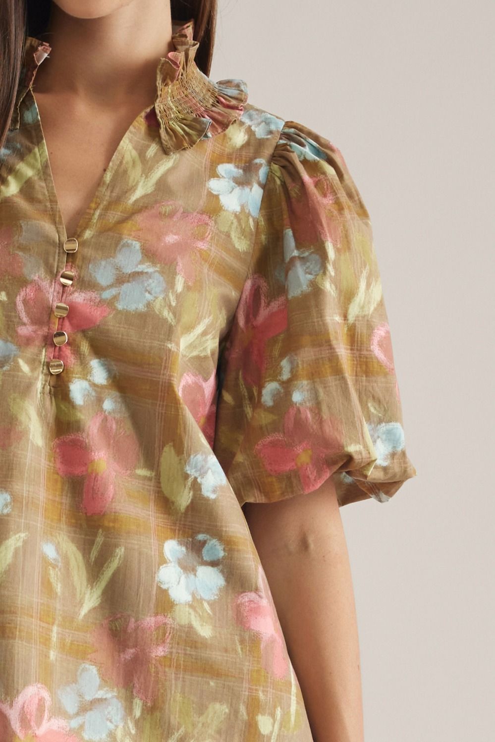 Floral (100% Cotton) Ruffled Neck Puff Sleeve Top