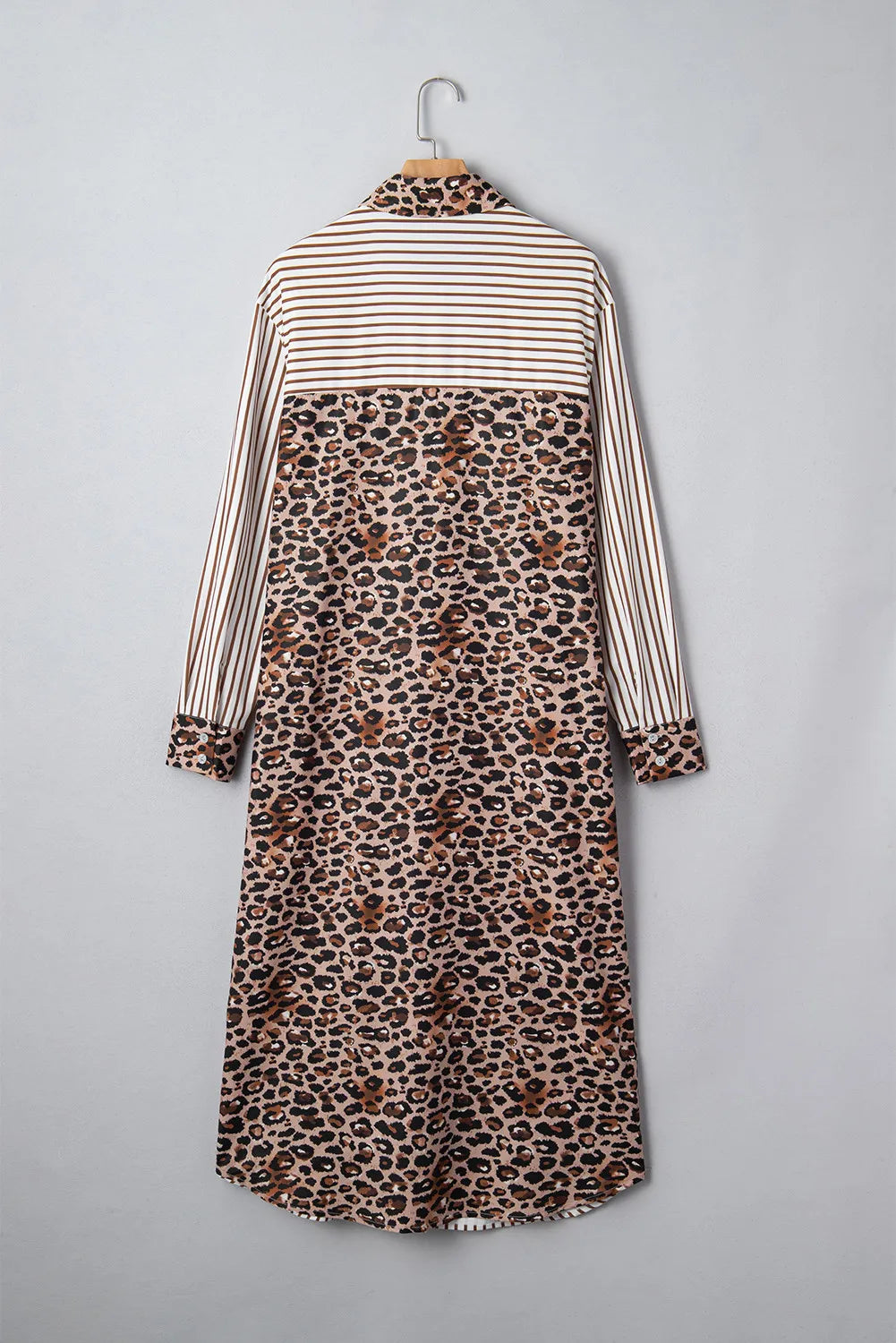 Brown & White Striped and Leopard Print Shirt Dress with Pockets