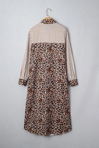 Brown & White Striped and Leopard Print Shirt Dress with Pockets