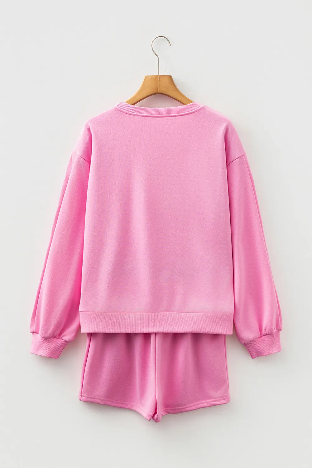 Pink, Bow Embroidered 2pc Sweatshirt & Shorts Loungewear Set with Pockets