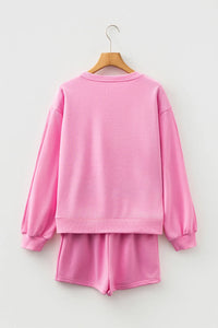 Pink, Bow Embroidered 2pc Sweatshirt & Shorts Loungewear Set with Pockets