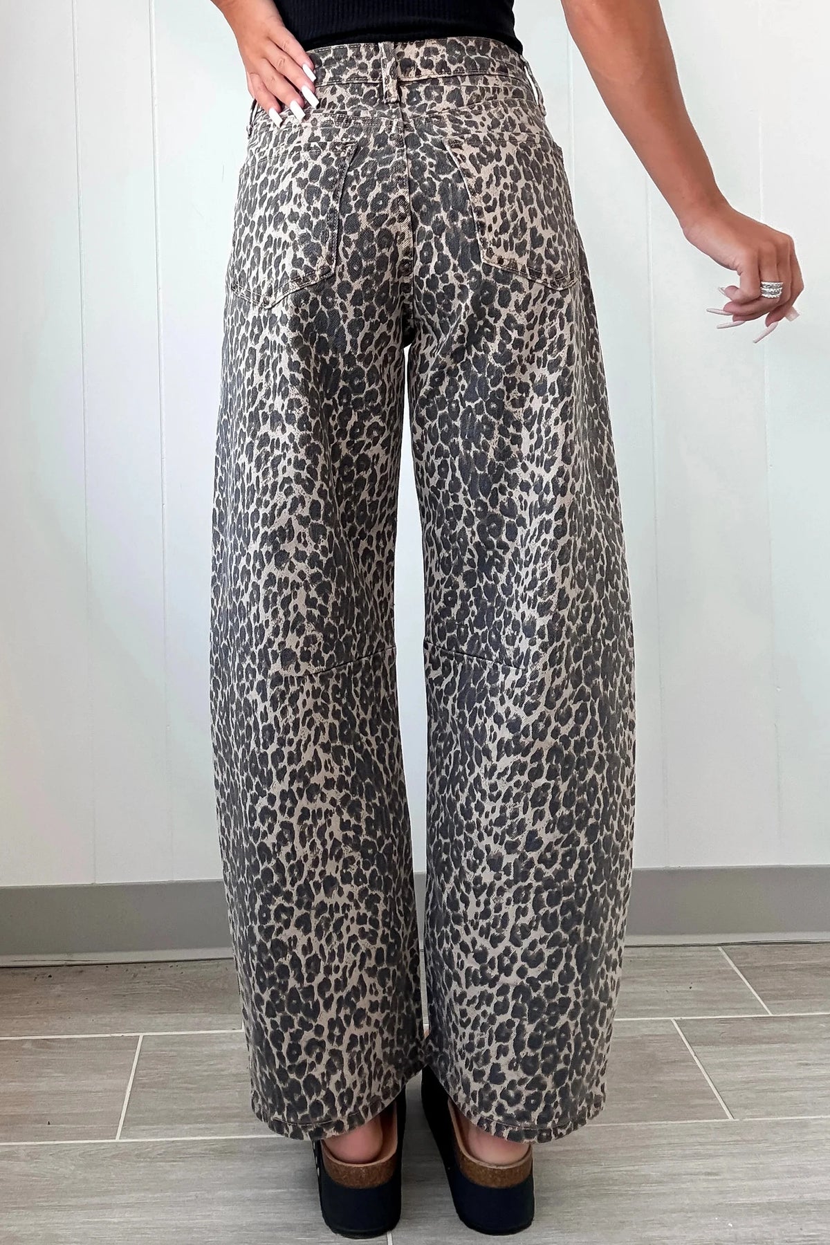 High-Rise Black Leopard Print Barrel Jeans