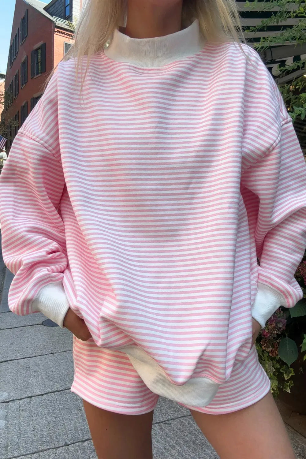 Pink & White Striped Oversized Mock Neck 2 Pc Sweatshirt & Shorts Loungewear Set