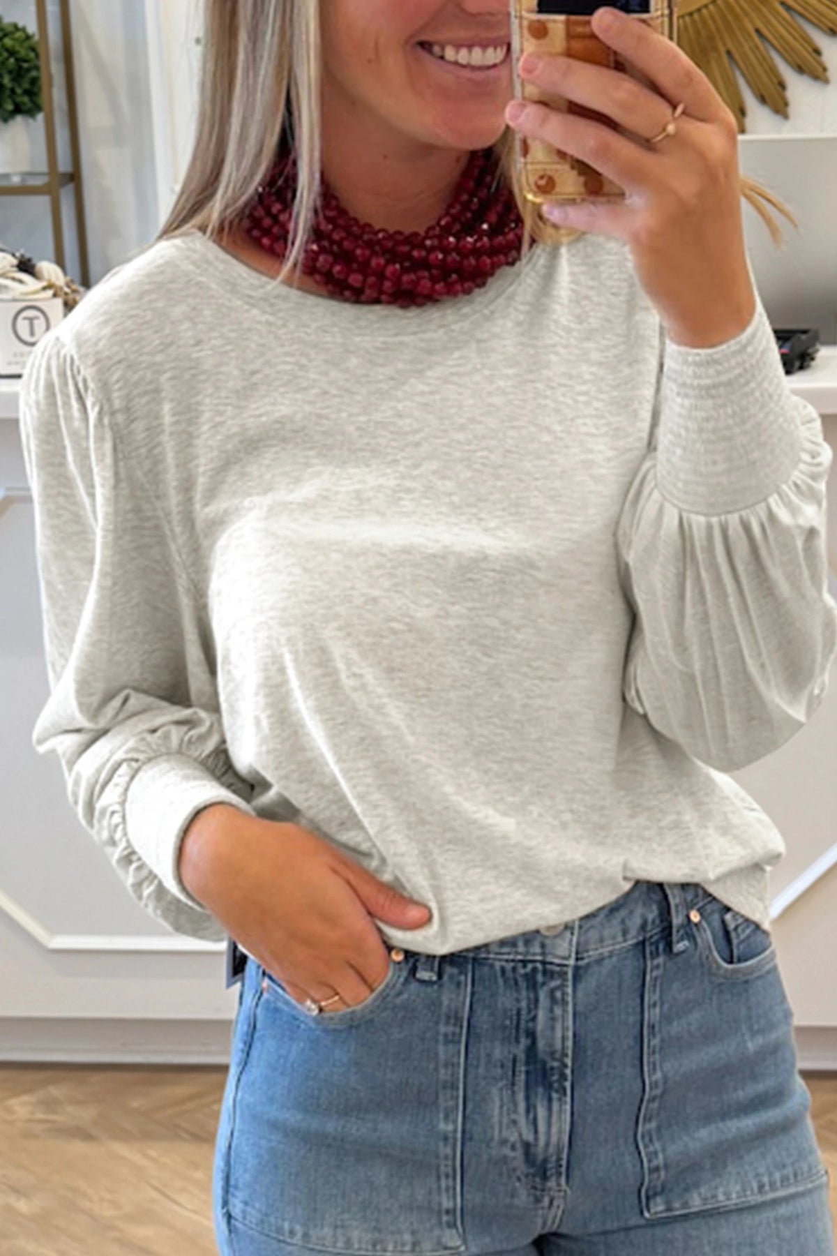 Light Ash 95% Cotton Puff Sleeve Top