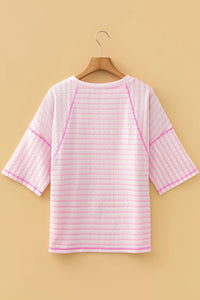 Pink Striped Half Sleeve, Classy Fit Knit Top