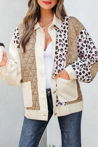 Khaki & Leopard Patchwork Quilted Button-Front Lightweight Jacket with Pockets