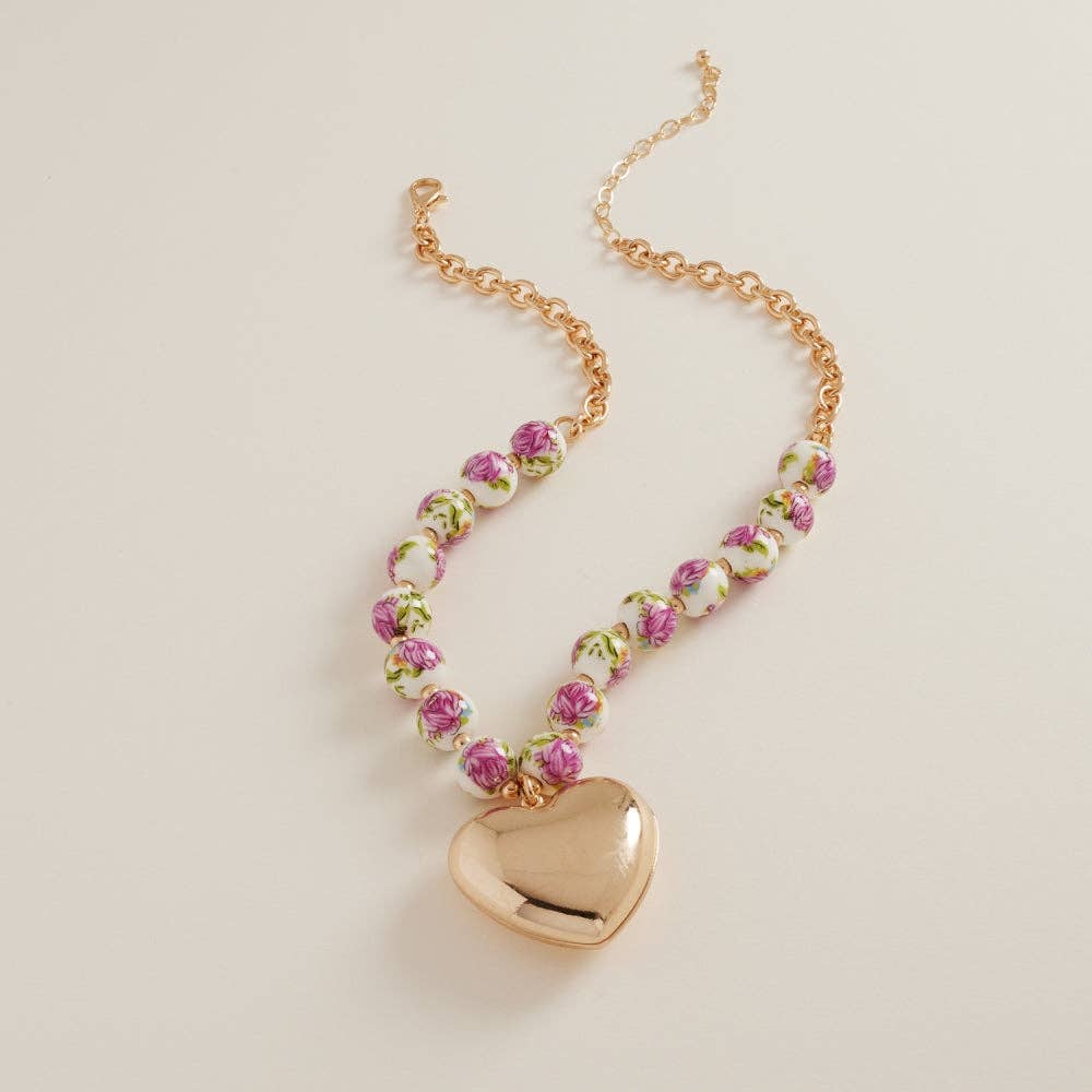 Short Ceramic Necklace w/Floral (Pink) Beads & Puffy Heart