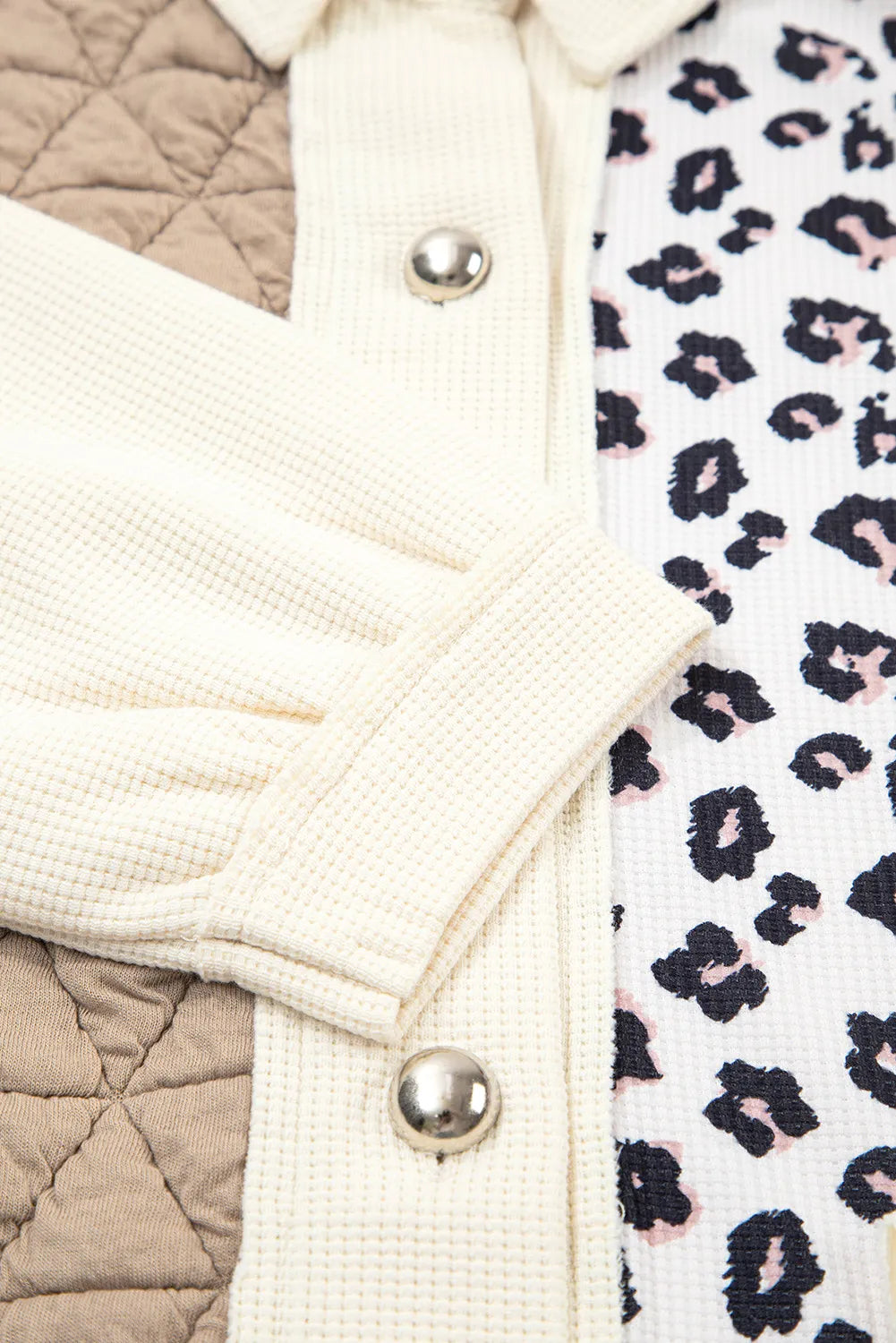 Khaki & Leopard Patchwork Quilted Button-Front Lightweight Jacket with Pockets
