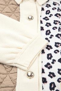Khaki & Leopard Patchwork Quilted Button-Front Lightweight Jacket with Pockets