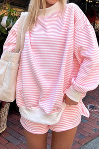 Pink & White Striped Oversized Mock Neck 2 Pc Sweatshirt & Shorts Loungewear Set