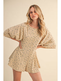 Beige Floral (85% Cotton) Flowy Shorts Romper w/Pockets