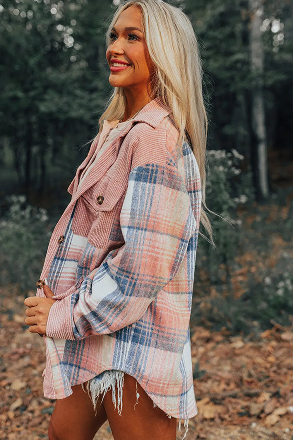 Light Pink Corduroy and Soft Plaid Shacket with Pockets