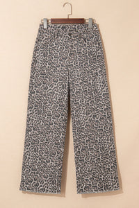 High-Rise Brown Leopard Frayed Edge Wide Leg Jeans